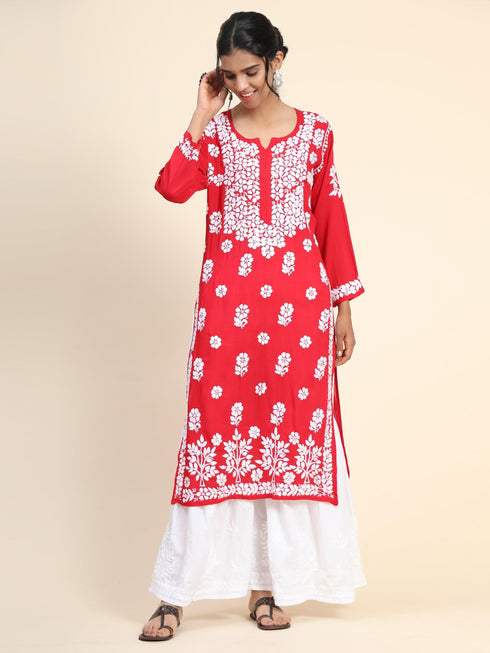 Miesha Iyer in Premium Hand Embroidery Chikankari Kurta Modal Cotton- Red